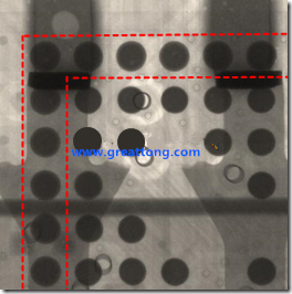 BGA錫球尺寸小于0.4mm，采用降低BGA內圍襲球的錫膏量所得到X-Ray，稍微留意一下可以發現最外圈的錫量(圓的直徑)比其他內圍的錫球上的錫量來得多一點點。也就是外圈的黑色圓形直徑比內圈的圓形來得大一點點。