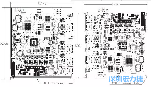如圖7所示是使用不同數(shù)量邊條的拼板，拼板1僅使用了一個(gè)邊條，直接利用PCB另一邊作為SMT工藝傳送邊，并且PCB圖形中有合適的安裝孔；而拼板2則是按常規(guī)設(shè)計(jì)了兩個(gè)邊條。拼板方式為連接筋。圖中“Breakaway Tab”指邊條-深圳宏力捷