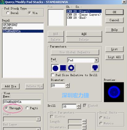 分析文件完成后，點擊菜單Setup→Pad Stacks調(diào)出焊盤堆設(shè)置窗口，將Pad Stack Type改為Via
