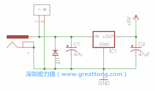 2.5.    新增一個二極體，它會以水平的狀態(tài)出現(xiàn)在屏幕上，請使用「旋轉(zhuǎn)（Rotate）」工具把它負極那一面朝上，并且用「網(wǎng)絡(luò)連接」工具將它連接在電壓調(diào)整器的輸入端和接地端之間。