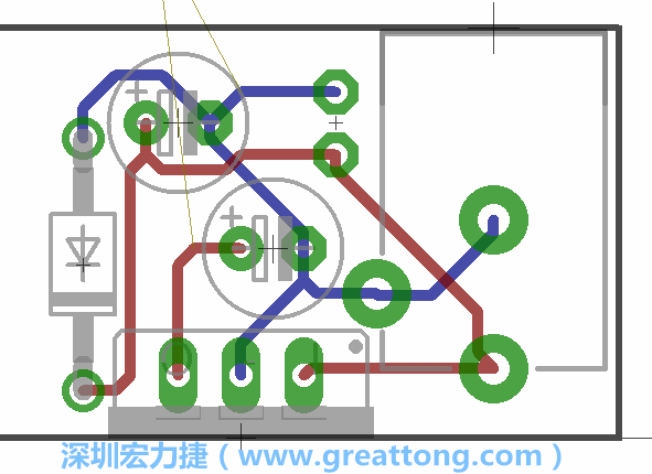接地連結(jié)點(diǎn)的布線情形如下圖所示，利用這個(gè)練習(xí)來避免電路連線銳角化的產(chǎn)生是一個(gè)不錯(cuò)的選擇，你可以在工具列中的彎曲線路（Wire Bend）選項(xiàng)里改變各種布線的變化。